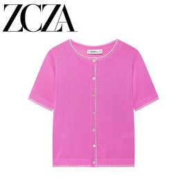 ZCZA 自制 欧美风 新款女装 时尚 百搭 跨境款亮色短袖针织衫外套