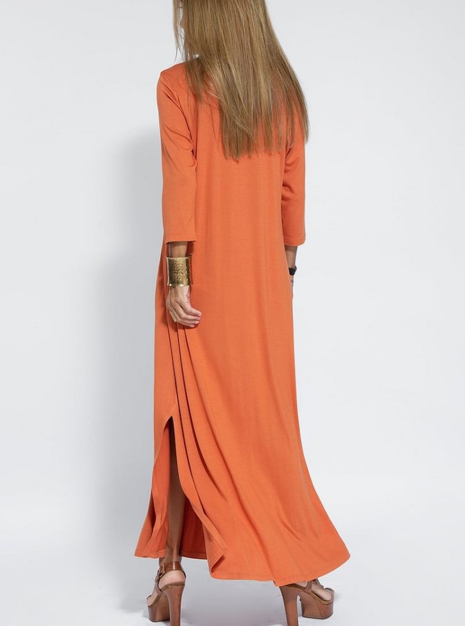 Women's V-neck Knitted Long Dress With Slit For Women_voghion.com