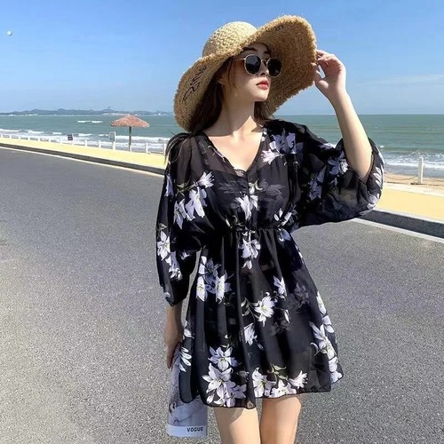 Women's separates conservative three-piece chiffon robe sun protection slimming stomach cover Korean version Ins plus size swimsuit