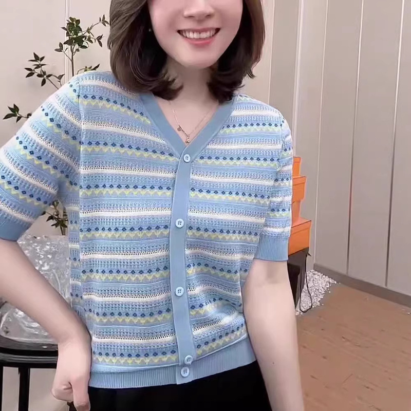 Women's Silk Top 2026 New Short-Sleeve Loose Striped Hollow-Out Ice Silk Knit Thin T-Shirt for Summer Women's Silk Top 2026 New Short-Sleeve Loose Striped Hollow-Out Ice Silk Knit Thin T-Shirt for Summer