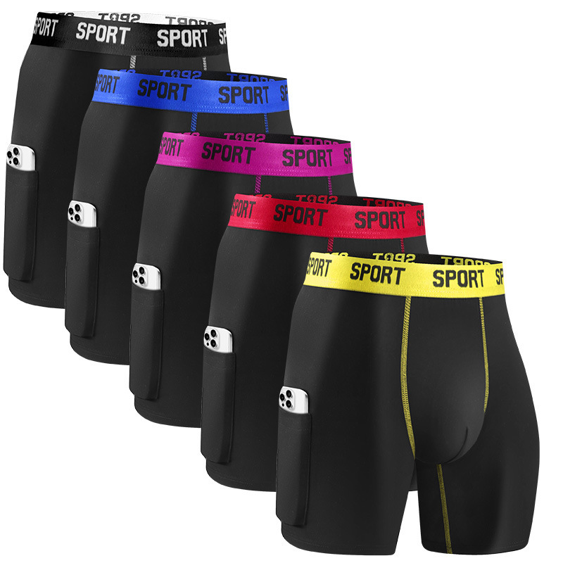 European and American Cross-Border Sporty Men's Solid Color Boxer Briefs with Pockets, Fashionable Fitness Sports Men's Underwear