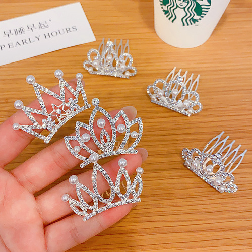 Children's Crown Headpiece Princess Pearl Water Diamond Insert Comb Baby Birthday Performance Hairpin Girls Crown Hair Accessory Hair Comb