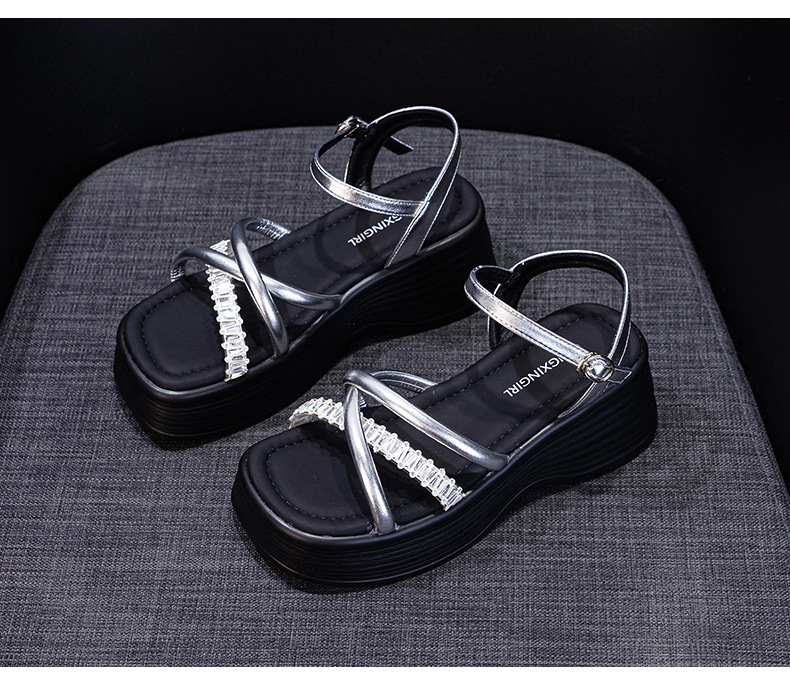 Sandal nữ đế dày đính đá hở mũi gót platform 9 cm — M2901 đen, M2901 be, M2901 bạc chi tiết 29