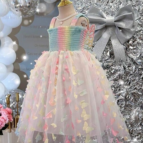 Children's summer dresses 2024 new butterfly knot princess spaghetti strap dresses for girls, rainbow dress
