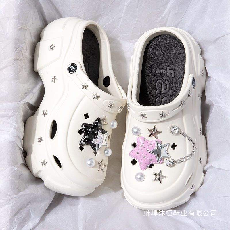 Summer trendy thick-soled non-slip high-heeled clogs for petite women, cute chain beach closed-toe sandals for outdoor wear