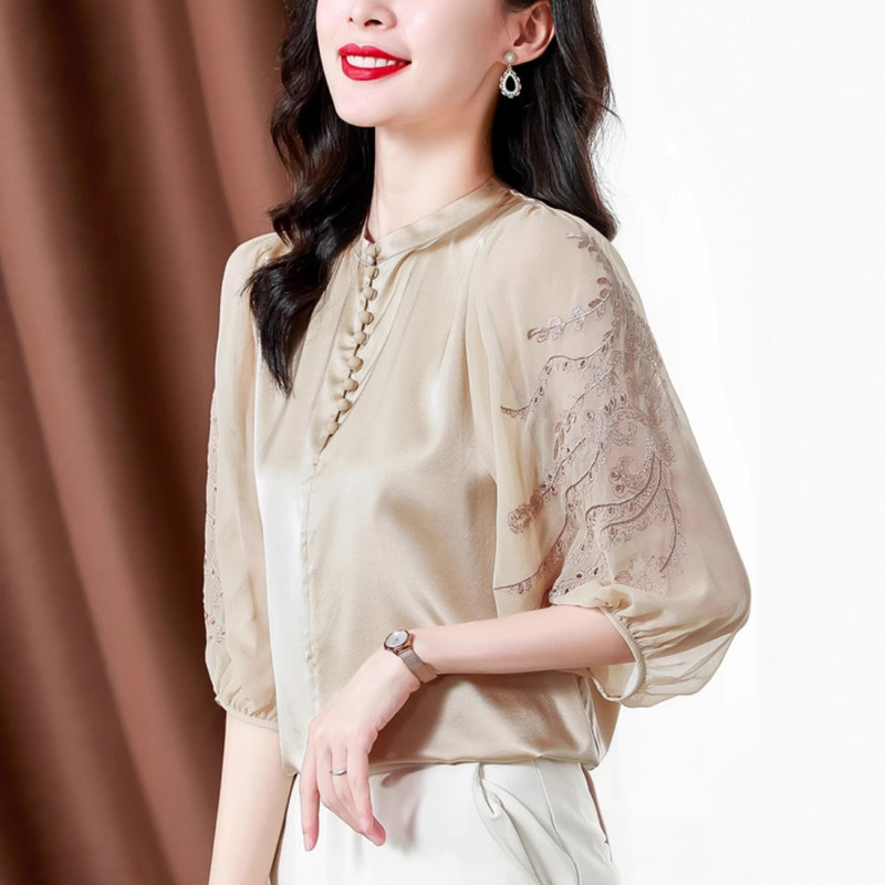 真丝衬衣女款短袖夏季别致绝美上衣法式桑蚕丝宽松灯笼袖刺绣衬衫|undefined