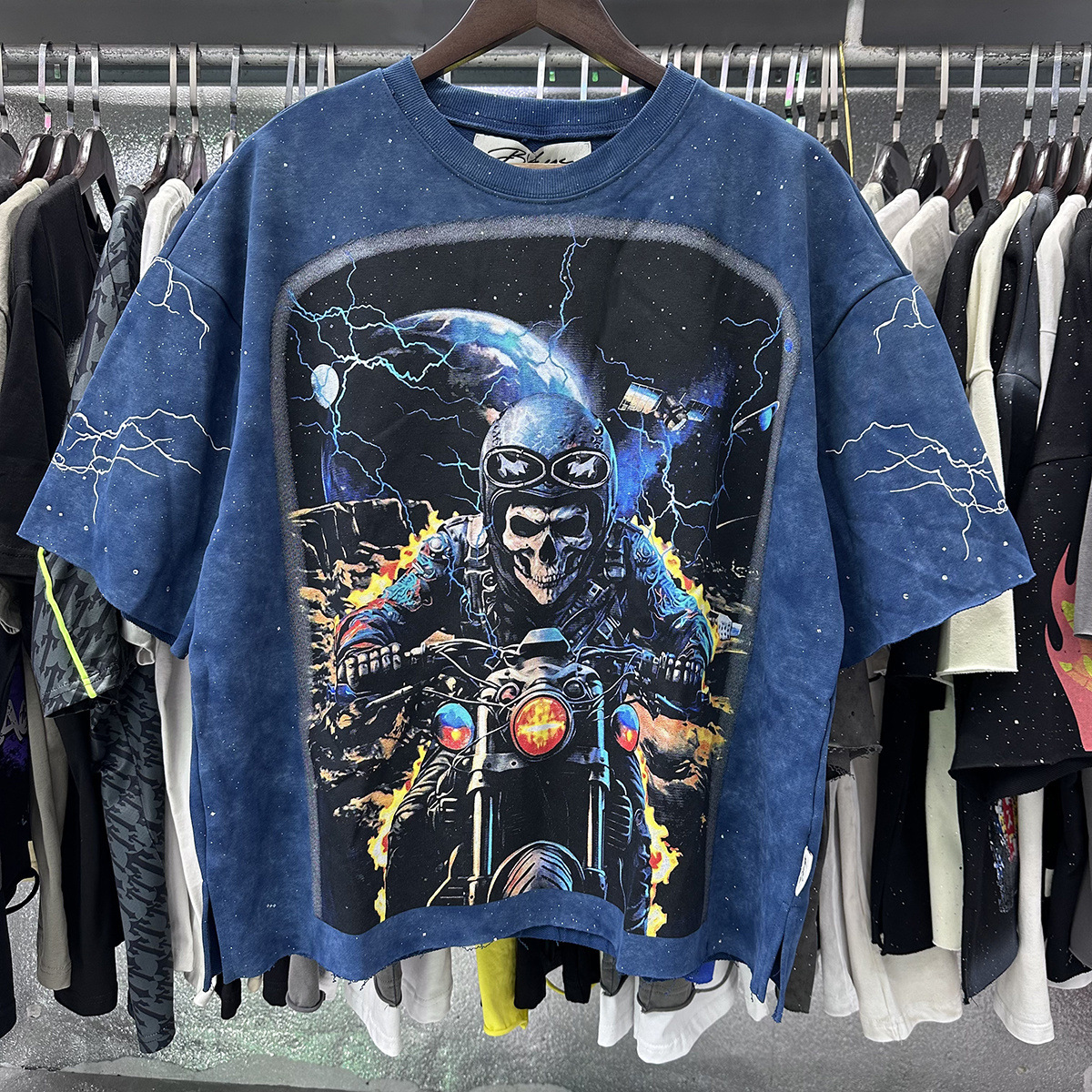 Transfronterizo nueva venta en caliente BKS camiseta de manga corta extraña esqueleto retro lavado de agua caliente perforación en caliente para hombres y mujeres de moda en stock lotes