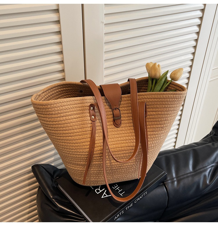 1125g Weight Weave Fashion Element Lock clasp Closure Type Double Shoulder Straps Strap Type Straw Bag Bags Type Casual Occasion cotton rope Material Solid Color Pattern Spring&Summer Season Women's Gender Beach Style Bucket Shape Large Size Women's Large Cotton Rope Solid Color Beach Weave Bucket Lock Clasp Straw Bag 19