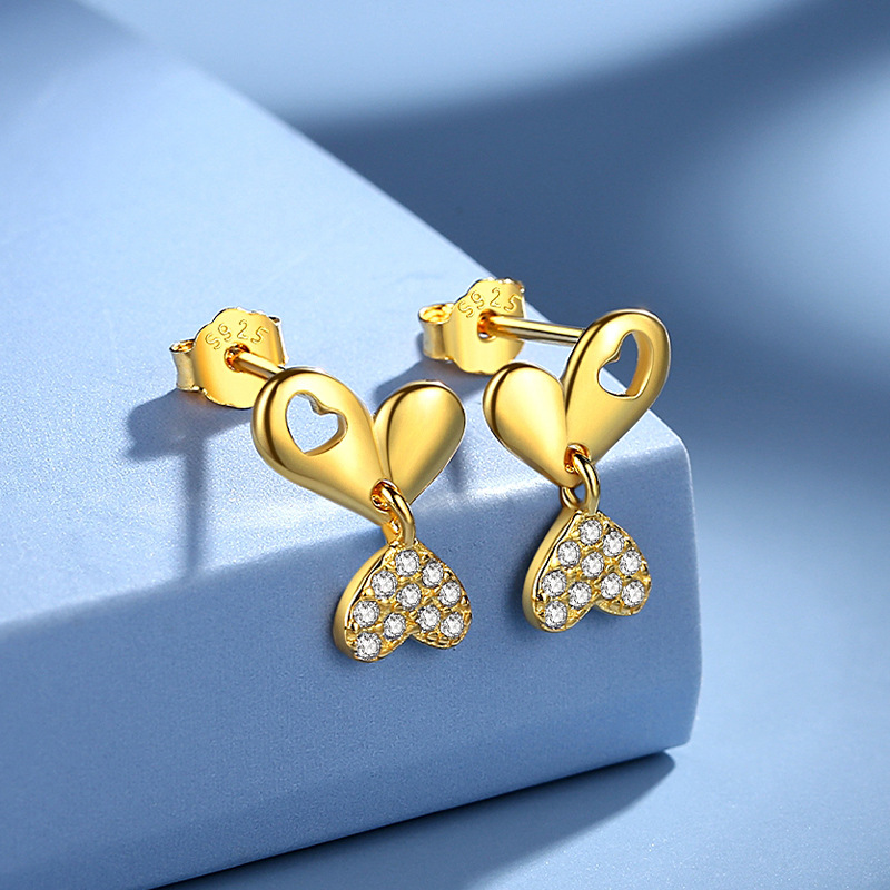 Pendientes creativos del perno prisionero del amor de las mujeres de la plata esterlina S925 estilo coreano diseño en forma de corazón doble Pendientes largos incrustados en diamantes Estilo rojo neto simple