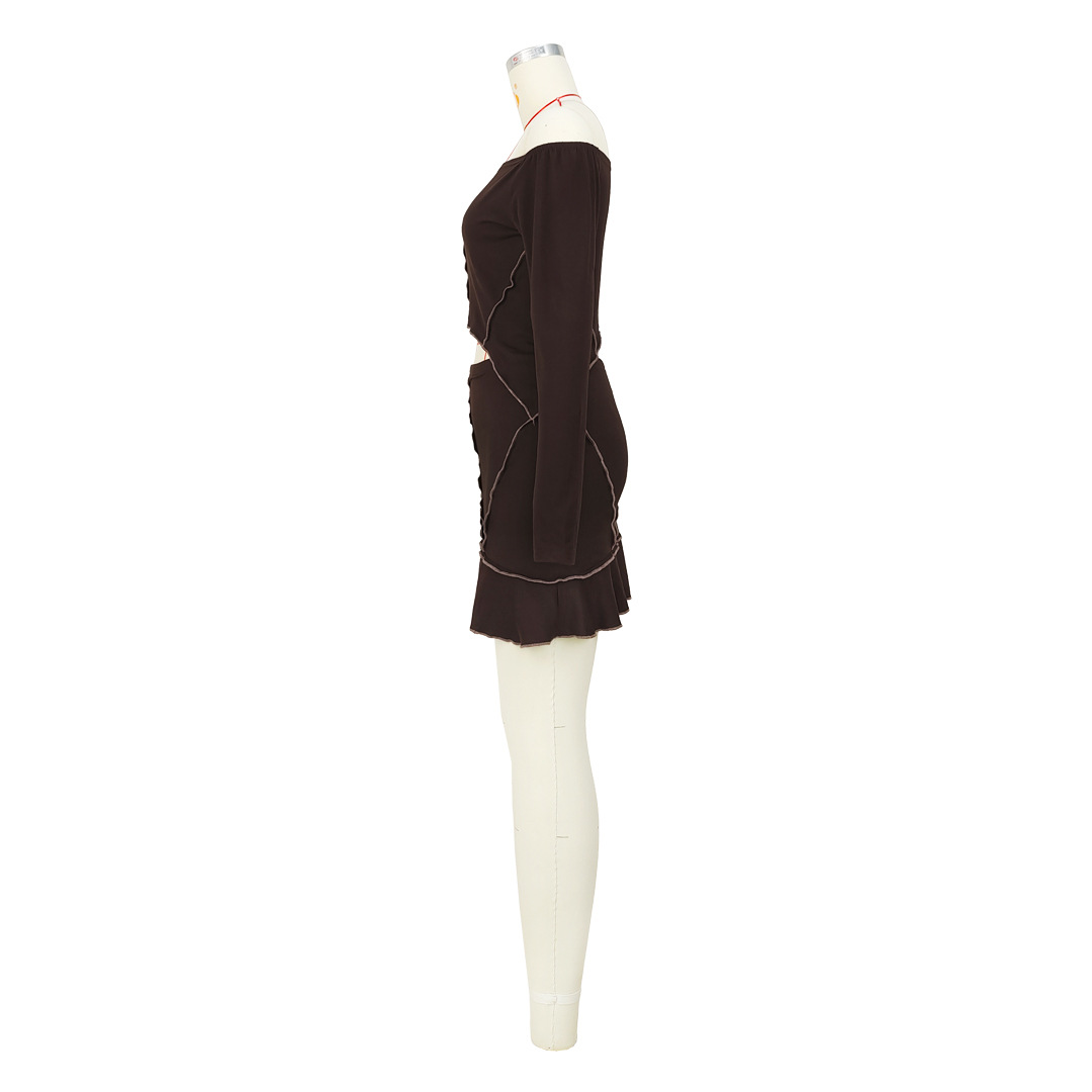 Women Clothing Sexy Solid Color Reverse Design Off Neck Skirt Set