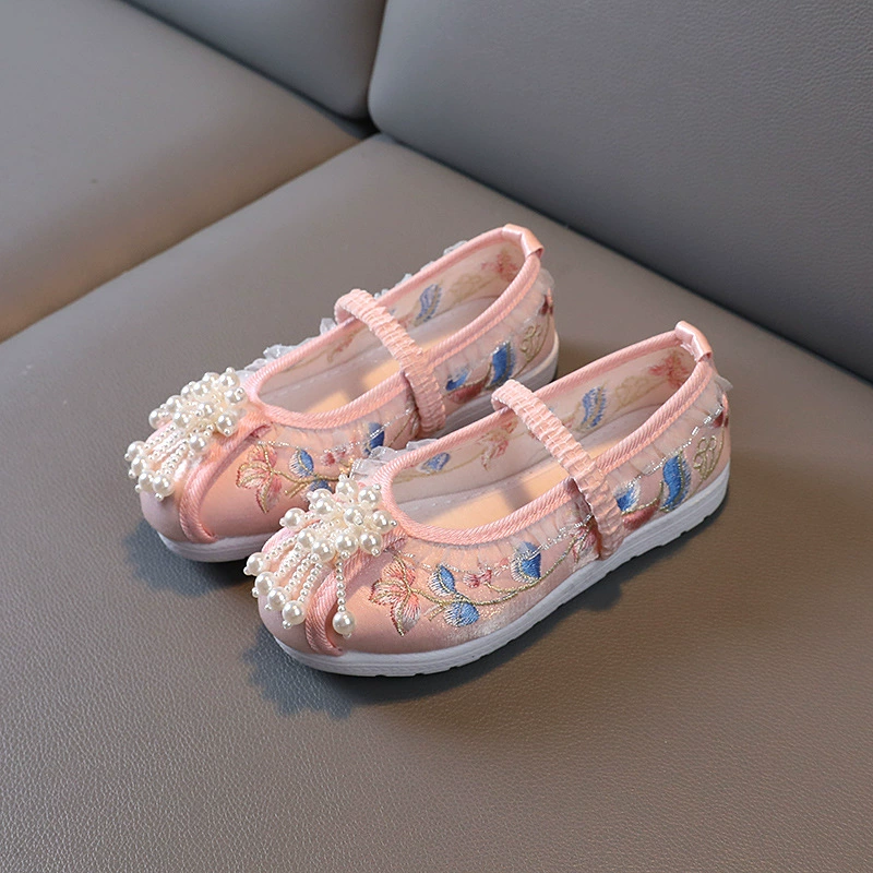 Обувь с вышивкой принцессы для девочек, детская обувь ханьфу в этническом стиле, вышитая бисером, Цветочная декоративная обувь, Тканевая обувь Old Beijing