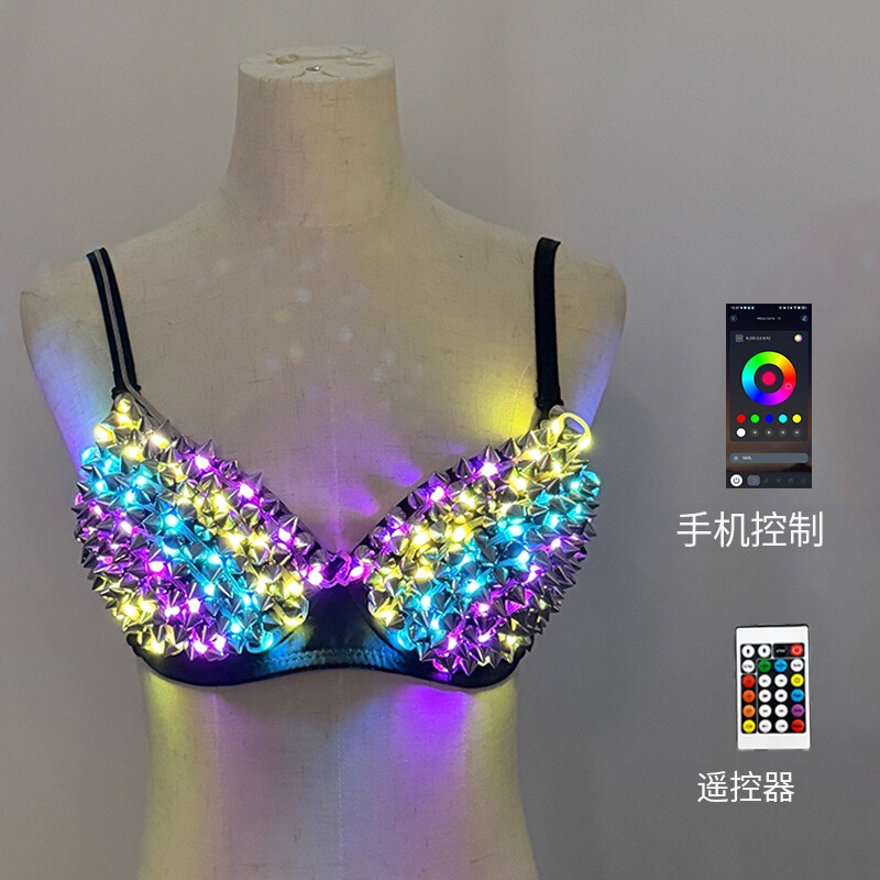 Led Colorful Rivet Luminous Bra Electronic Music Festival Flashing Underwear Bar Dj Stage Performance Clothing Wholesale