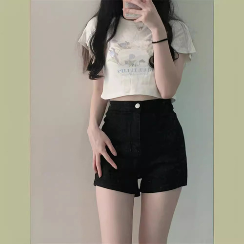 Women's Black Sexy High-Waisted Bib Shorts 2025 New Style, Small Figure Slimming, Muscle-Hiding, Booty-Bolstering Hot Pants