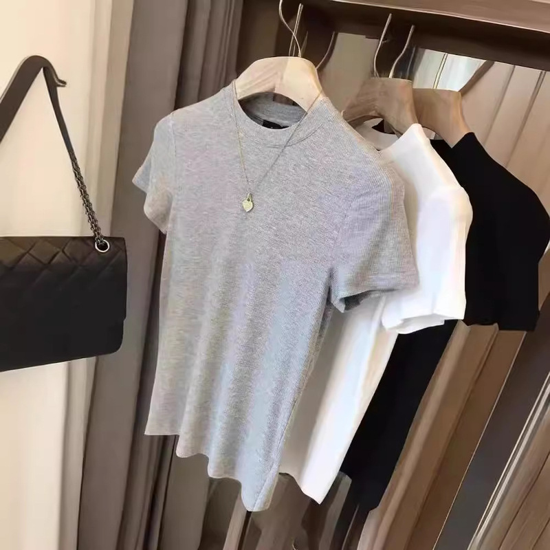 Beef Goods ~ Hot Single Slimming Look ~ High Elastic Modal Ice Silk Pit Strip Thread Slim Round Neck Short-Sleeved T-Shirt for Women Summer Beef Goods ~ Hot Single Slimming Look ~ High Elastic Modal Ice Silk Pit Strip Thread Slim Round Neck Short-Sleeved T-Shirt for Women Summer