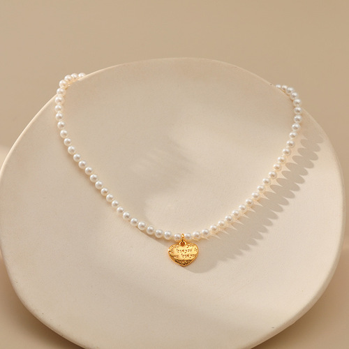 French Pearl Bead Chain Necklace with Elegant and Luxurious Feel, Heart Pendant Plated with 18K Real Gold, Colorfast and Sweet Jewelry