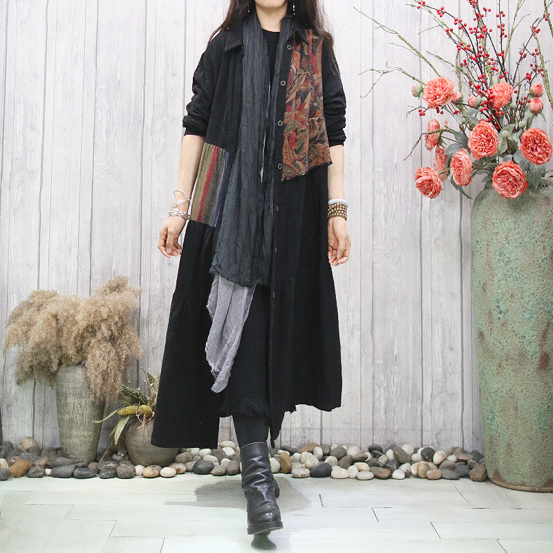 原创文艺洗水棉麻提花开衫秋季新款宽松大码长袖撞色拼接大摆长外
