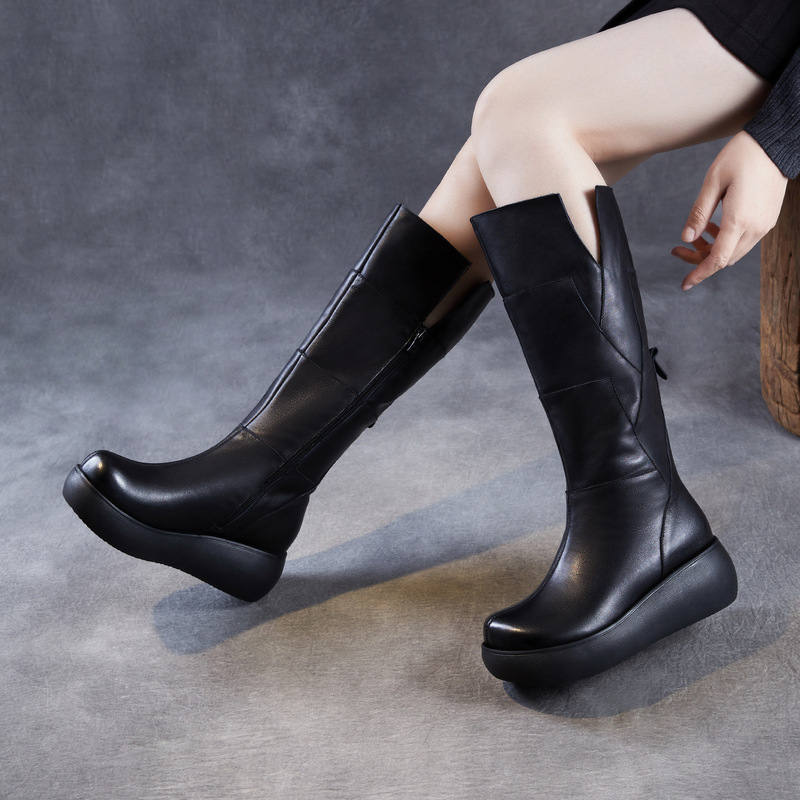 Women's 2025 New Winter Genuine Leather Platform Knee-High Boots with Thick Soles and Wedge Heels for Petite Figures
