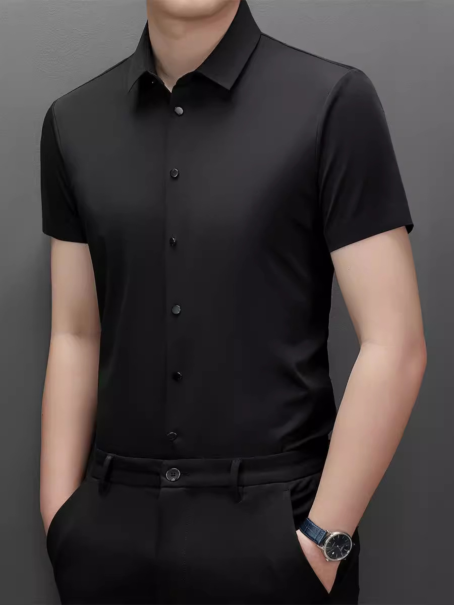 Polo para hombre de primavera y verano, estilo casual de negocios, sin arrugas, elástico, transpirable, sin costuras, con cuello vuelto, manga corta, sin costuras y elástico.