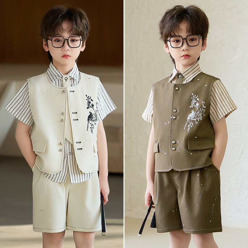 Children's Suits for Spring and Summer, Flower Boy Birthday Outfits, Traditional Chinese Style Embroidered Vest Sets, Boys' New Chinese-Style Host Performance Clothing