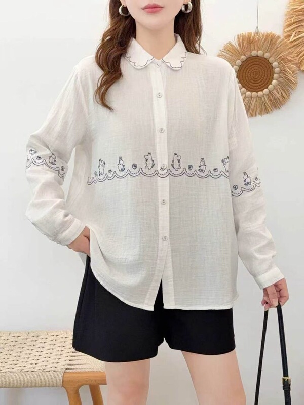 2026 Autumn Collection: Japanese-style cartoon embroidered dinosaur double-layer gauze women's long-sleeve cardigan shirt, wholesale 2026 Autumn Collection: Japanese-style cartoon embroidered dinosaur double-layer gauze women's long-sleeve cardigan shirt, wholesale