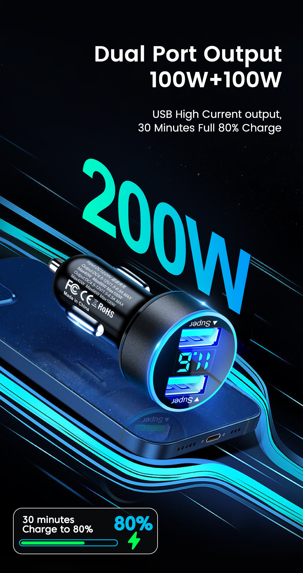 Multi-port with digital display support super fast charging 6/8 port with voltage vehicle-mounted one-to-six/8-car fast charging cross-border
