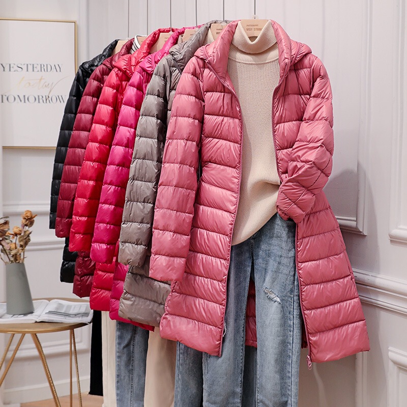 Lightweight Thin down Jacket Women's Mid-Length 2025 Autumn and Winter New Slim Hooded Large Size Outwear Removable Hood Cross-Border