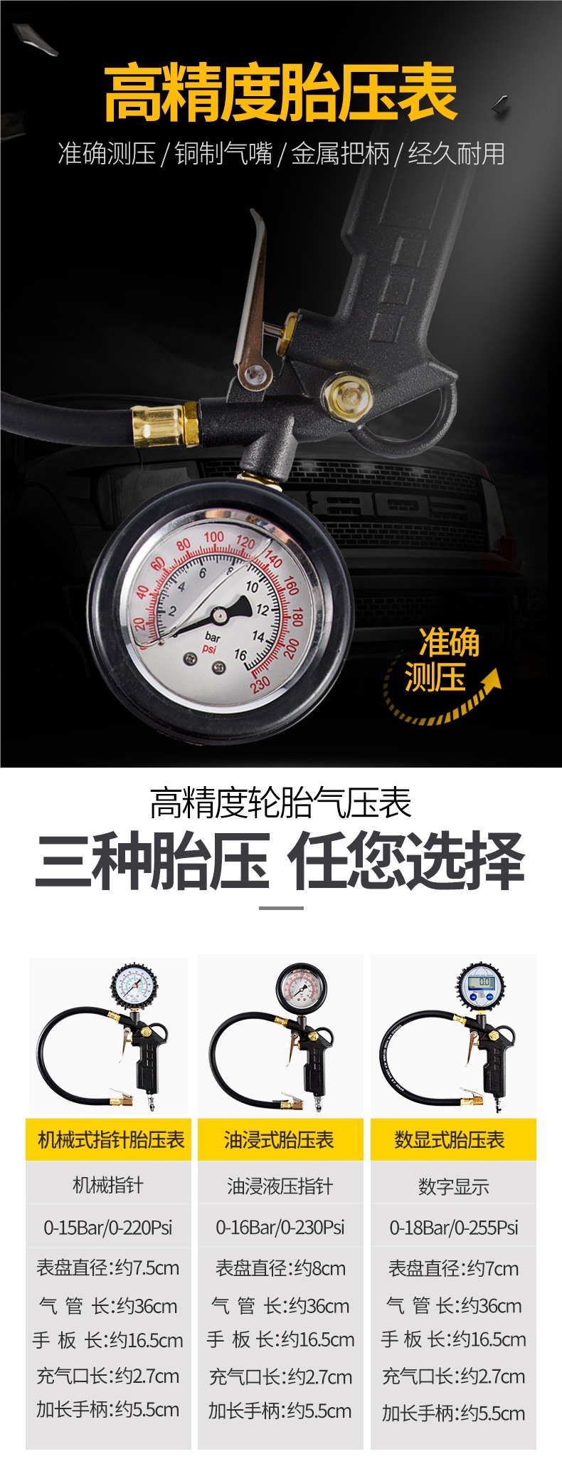 Tire Pressure Gauge Air Pressure Gauge High-Precision with Pressure Inflation Head Car Tire Pressure Monitor Meter Plus Air Gun Inflator