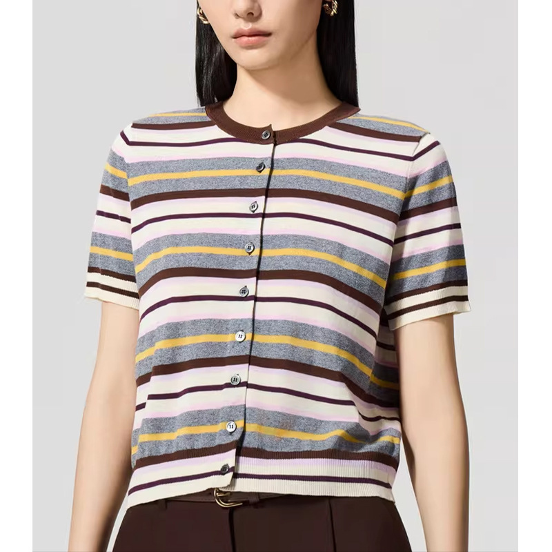 【Lang*Order】2026 Summer New Silk Cotton Retro Casual Color-Block Striped Round Neck Short Sleeve Knitted Cardigan