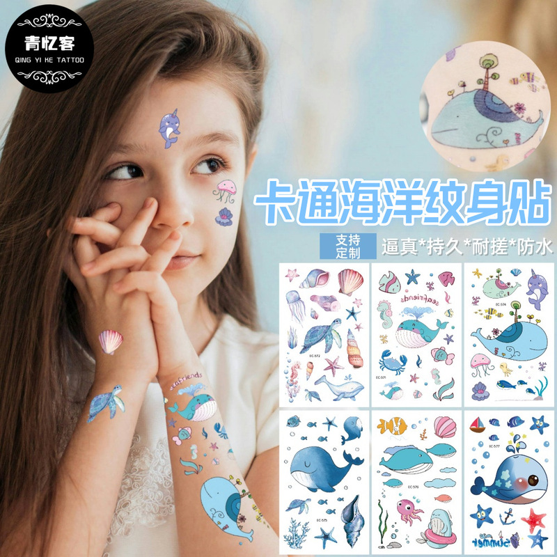Cross-Border Supply Wholesale Kidsren's Cartoon Temporary Tattoo Stickers Summer Marine Animal Dolphin Small Whale Toys