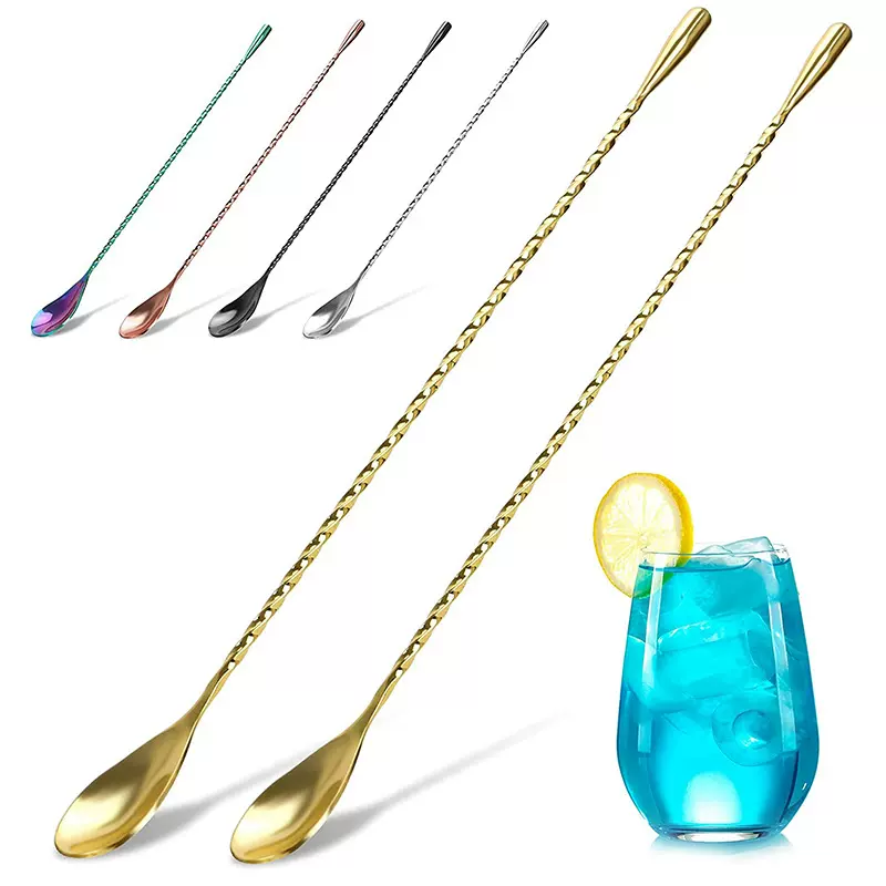 源头厂家304不锈钢水滴吧勺 跨境细螺纹泪滴吧匙鸡尾酒搅拌勺酒吧