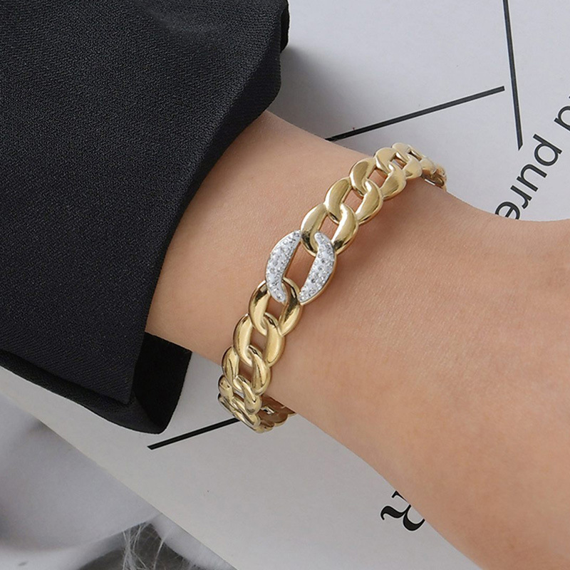 Fashion Plastic Mud Diamond-studded 14k Gold Titanium Steel Thick Chain Open Bracelet display picture 2