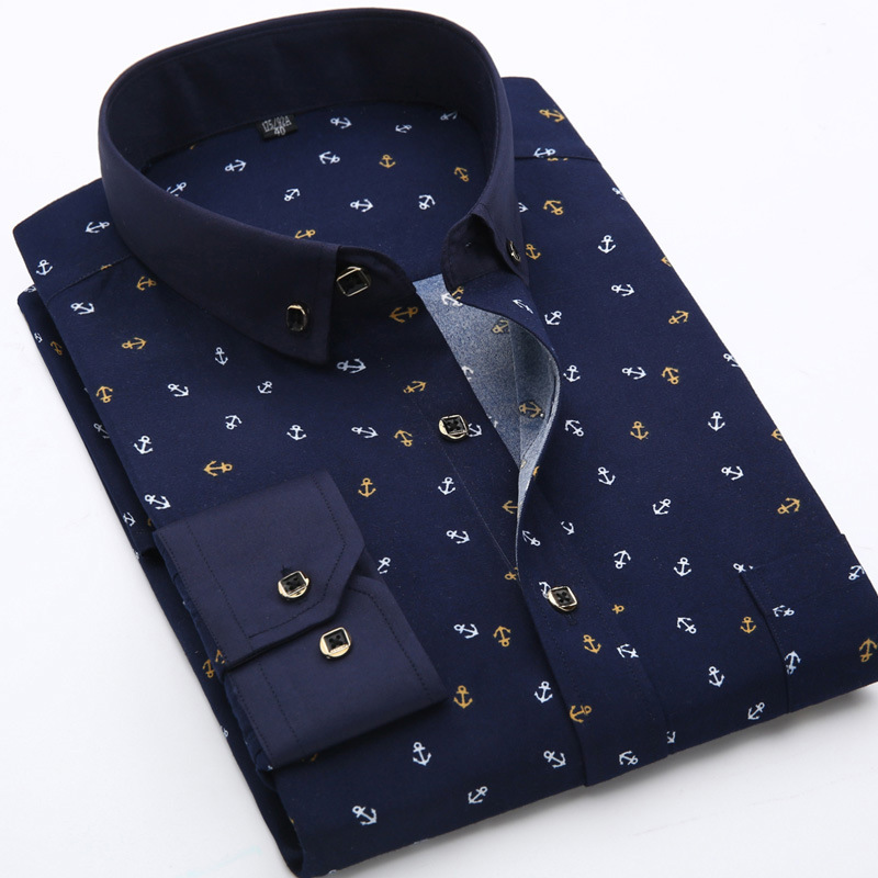 Tall Shirt Men's Long-sleeved Peach Fur Sanding Print Middle-aged and Elderly Shirt Spring and Autumn Casual Non-iron Men's Shirt