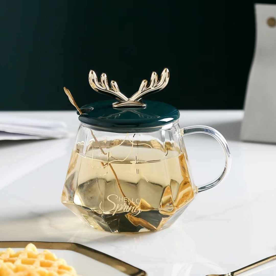 Estilo nórdico chapado en oro de vidrio transparente con tapa cuchara taza de diamante regalo de Navidad taza de beber Oficina