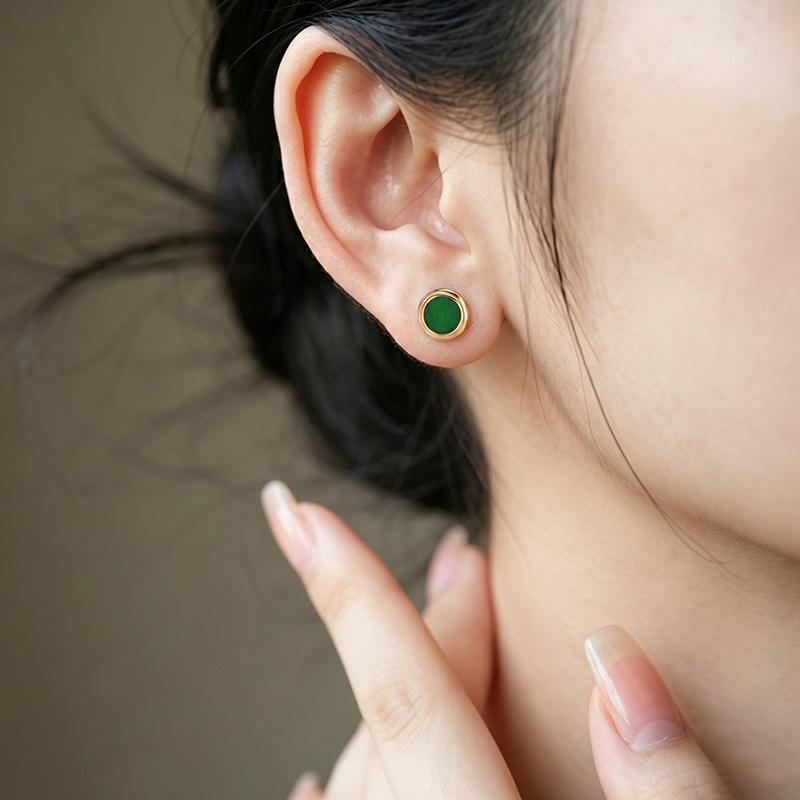 Bông tai bạc S925 mạ vàng đính ngọc bích khô hình tròn phong cách tối giản — Một đôi