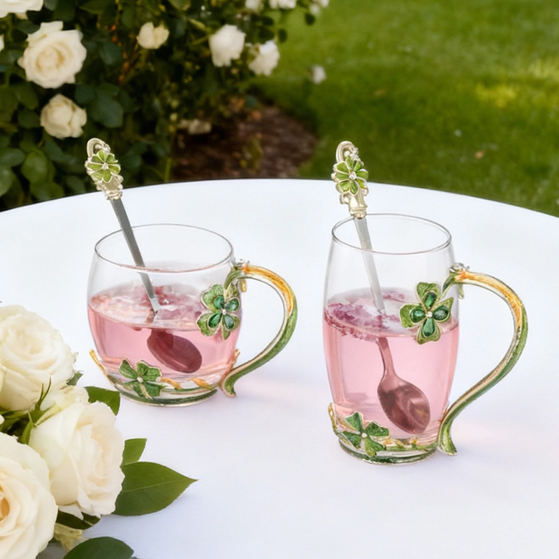 四叶草珐琅彩花茶杯耐热水晶玻璃杯精美礼盒礼品杯复古家用咖啡杯