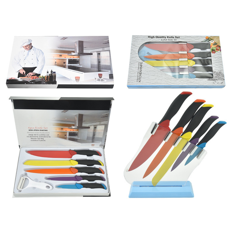 Venta al por mayor en stock COLOR DE ACERO INOXIDABLE cuchillo de seis piezas traje de moldeo por inyección secundaria con melón cepilladora color caja de regalo Cocina