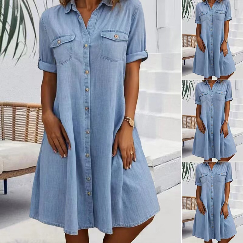 2026 Hot-Selling Foreign Trade Design-Inspired Loose-Fitting European and American Style Denim Plus-Size Women's Fitted Dress with Five-Quarter Sleeves
