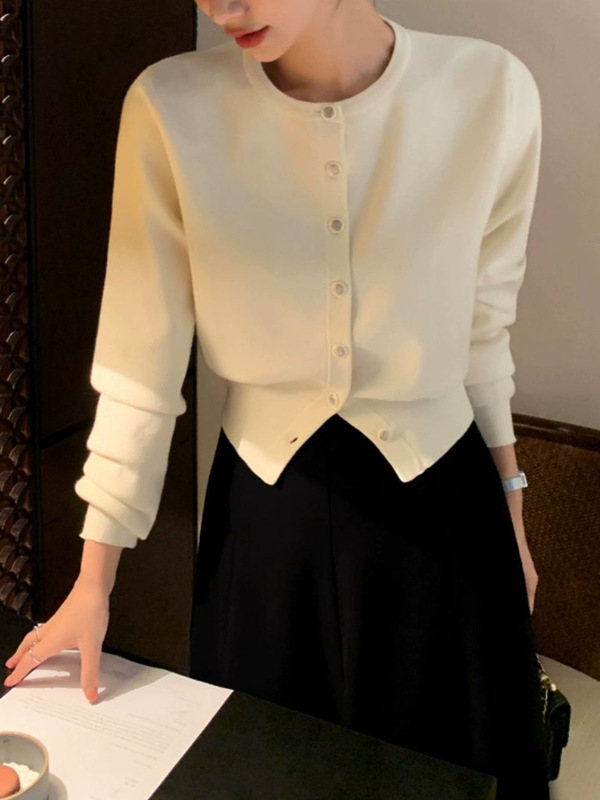 pusume 慵懒漫步 圆领长袖针织开衫女设计感外套收腰短款上衣|undefined