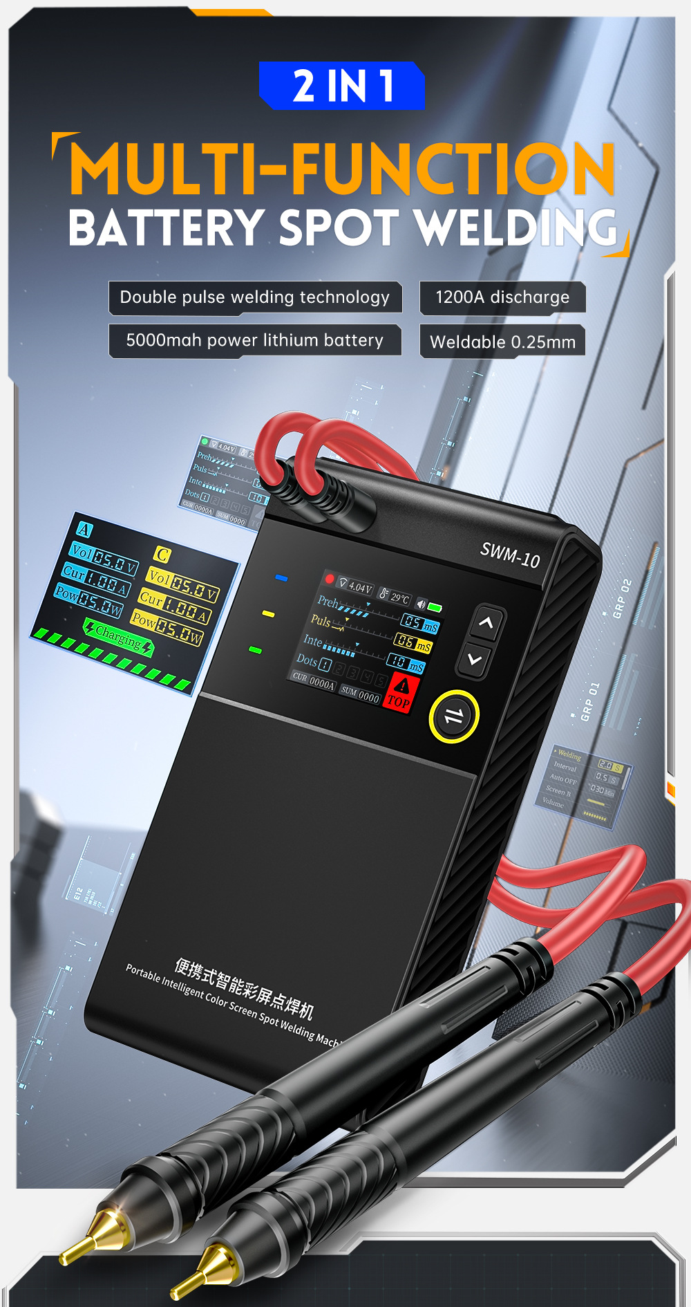 FNIRSI 1200A Tragbares Punktschweißgerät, Dual Pulse 4 Gänge einstellbar, für 0,1–0,25 mm Nickel/Stahlband und 18650-Akku, 5000 mAh – Detail 7