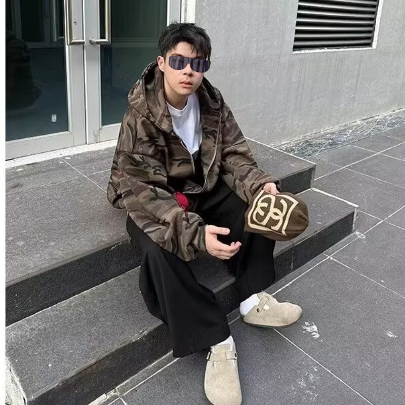 百搭迷彩开衫外套男女新款美式潮流卫衣时尚秋季情侣同款拉链外套|undefined