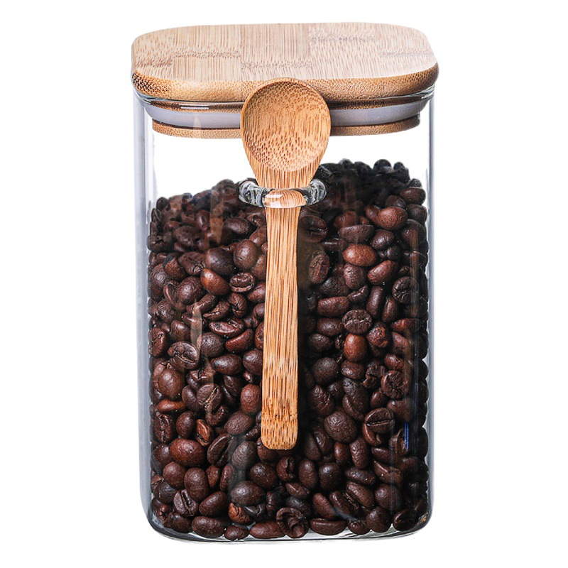 Frasco de vidrio cuadrado sellado con cuchara de madera caja de condimento granos de café botella de almacenamiento frasco de té