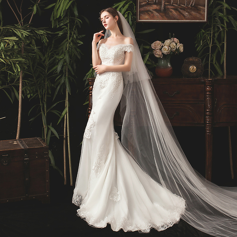 Vestido de Novia Estilo Sirena 2026, Nuevo Estilo para Novias Delgadas, Estilo Bosque con Hombros Descubiertos, Vestido Ligero Francés con Diseño de Cielo Estrellado que Estiliza la Figura.