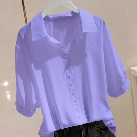 Solid Color Short-sleeved Ice Silk Shirt Women's Summer Thin plus size Loose Polo Collar Design Sense Small Casual Top