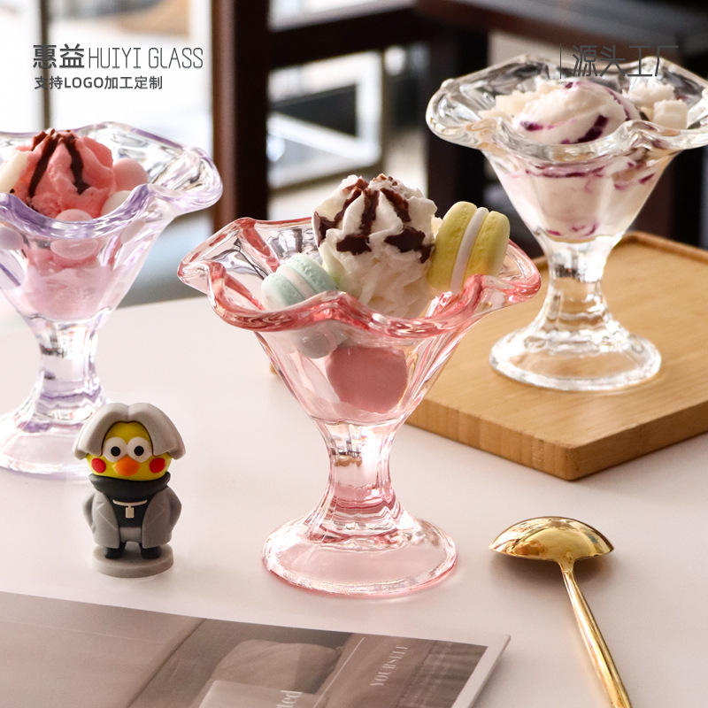 Ins Cyber Celebrity Petal Dessert Bowl Thickened Tall Ice Cream Ice Cream Cup Household Yogurt Fruit Pudding Glass Cup