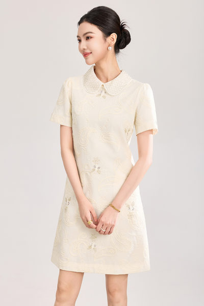 Đầm suông nữ midi cổ búp bê tay ngắn thêu ren đính cườm phong cách tiểu thư — màu sắc