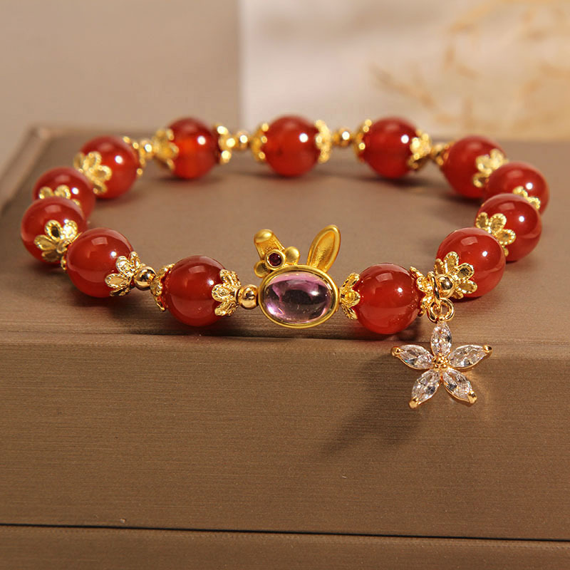 Pulsera de conejo de ágata roja mujer estilo coreano elegante pulsera colgante de flores de cinco hojas pulsera de regalo para novias estudiantes