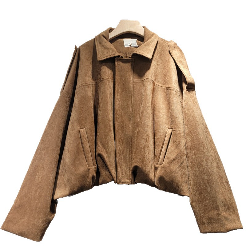 Chaqueta Corta de Gamuza con Cuello Polo, Cremallera y Manga Larga