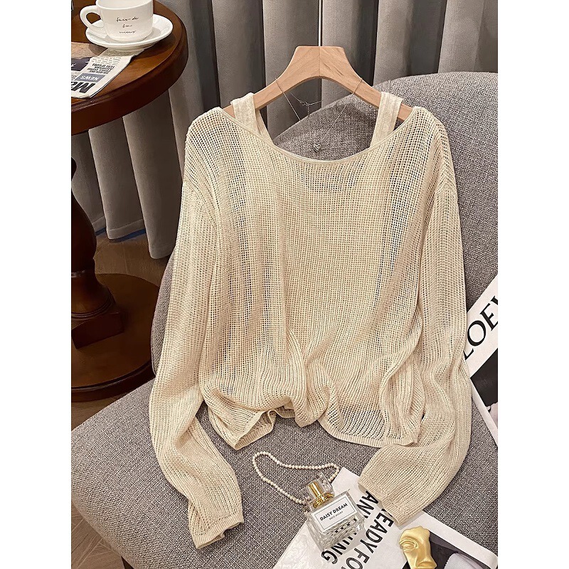 Korean Style Outfit: Knitted Vest and Blouse Two-Piece Set for Women, Spring Short Style, Layered Design, Hollow-Out Knitwear Set