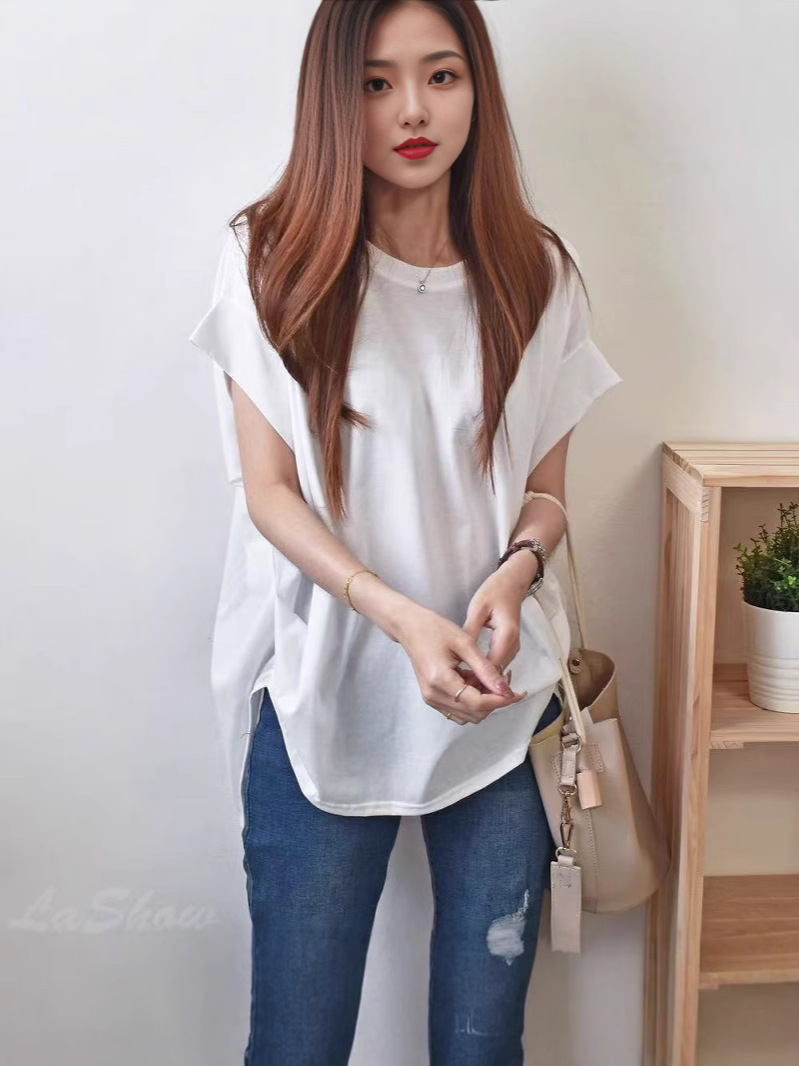 Cross-Border 2025 Summer New Loose Versatile Solid Color Plus-Size Round Neck Irregular Hem Top T-Shirt