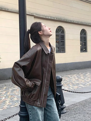复古棕色皮衣女短款2025秋季新款大码小个子宽松皮夹克机车外套女